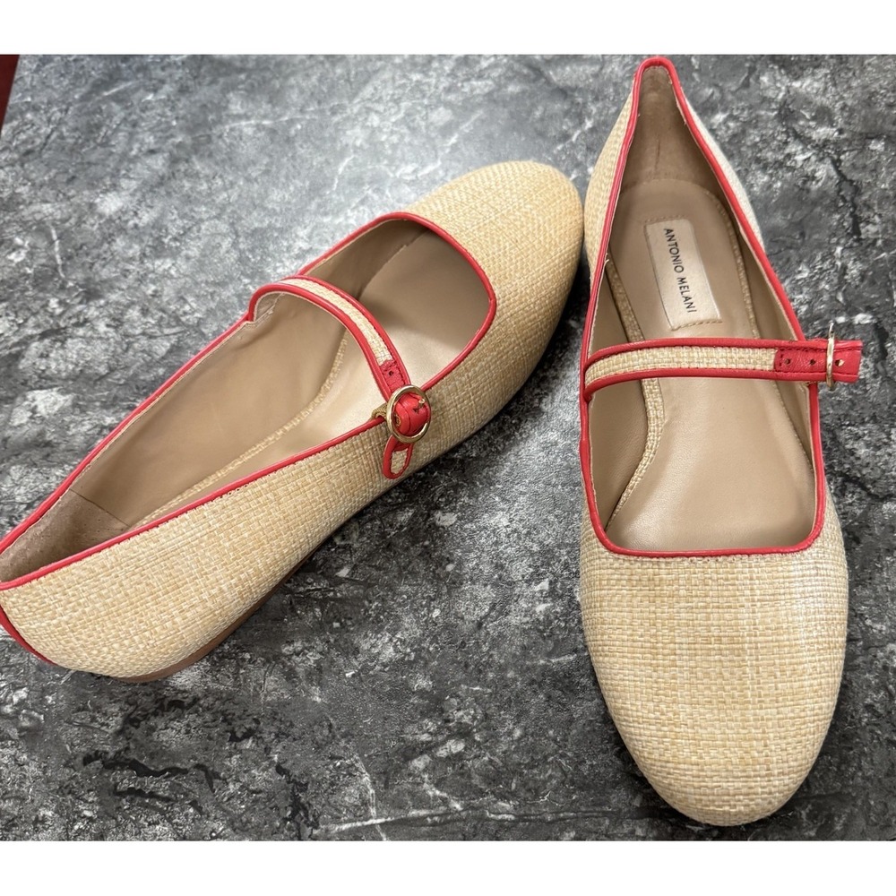 Antonio Melani Womens Ruth Raffia Mary Jane  Flats Leather Sole Natural/Red 9.5